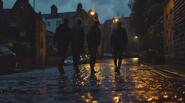 Arctic Monkeys walking through Sheffield streets in their early years